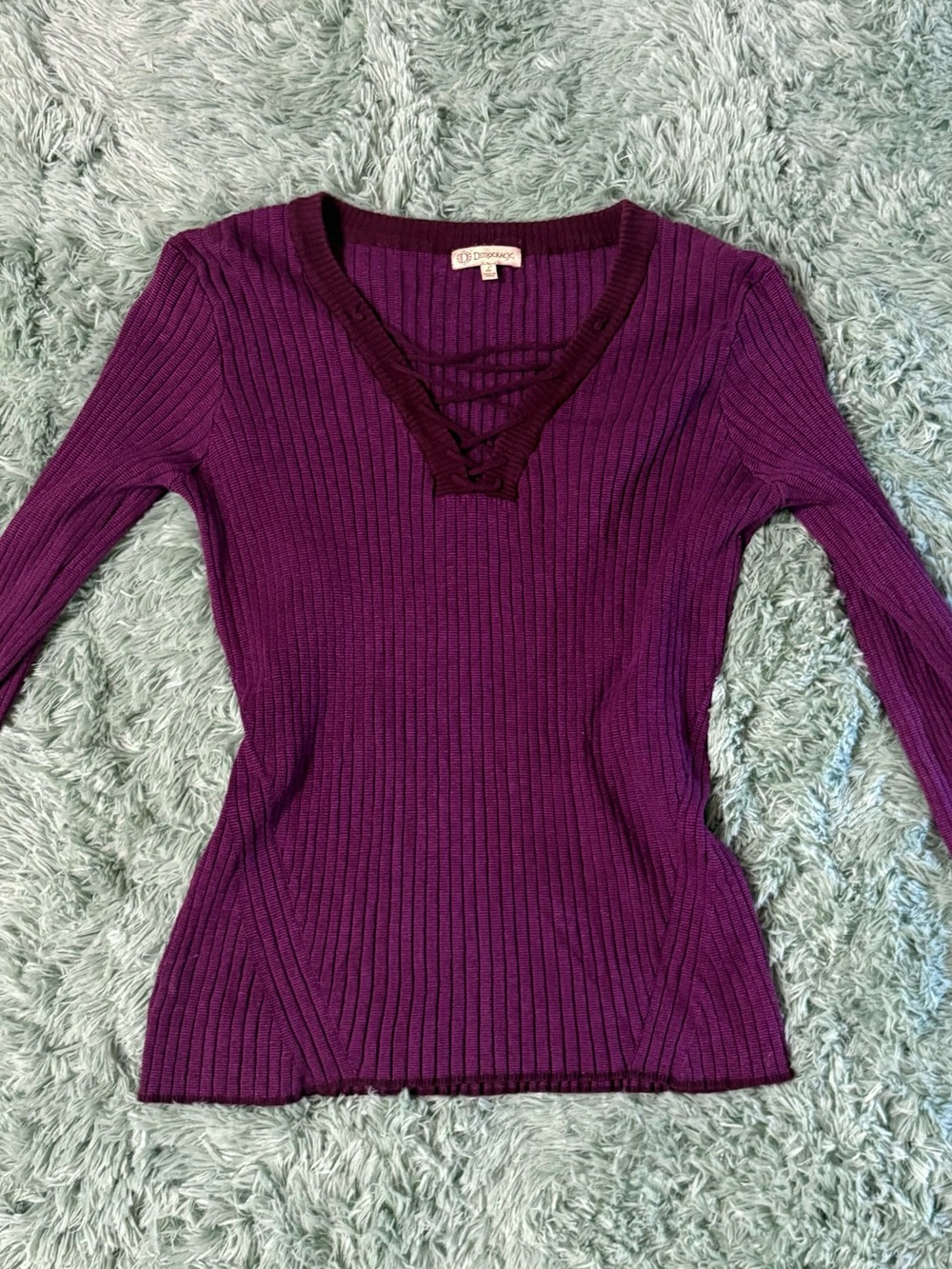 Vintage Democracy Deep Purple Ribbed V-Neck Sweater
